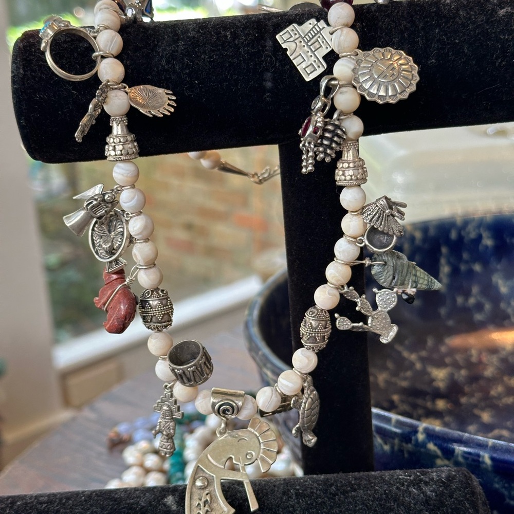 White Beaded storyteller Necklace with Silver-Accents